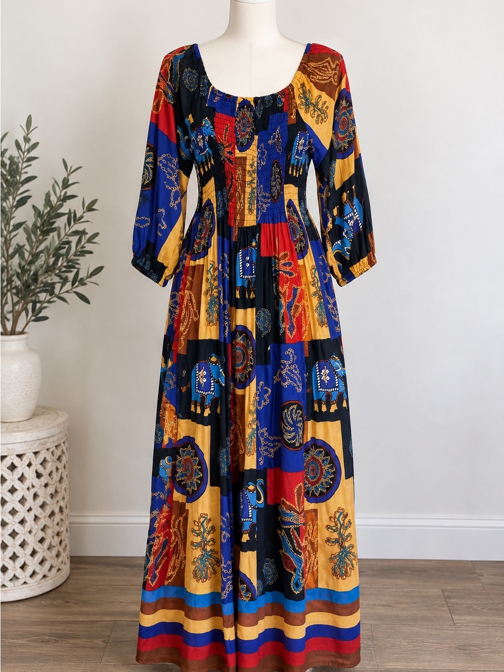 Ashley Taylor Elephant Patchwork Print Maxi Dress Boho Hippie One Size